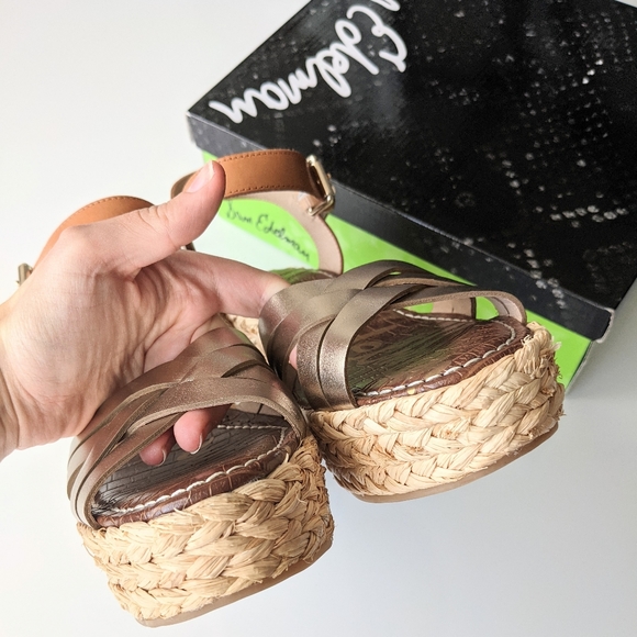 New! SAM EDELMAN Darline Gold Leather Espadrilles Wedge Sandals Heel Size 9.5 - Picture 9 of 16